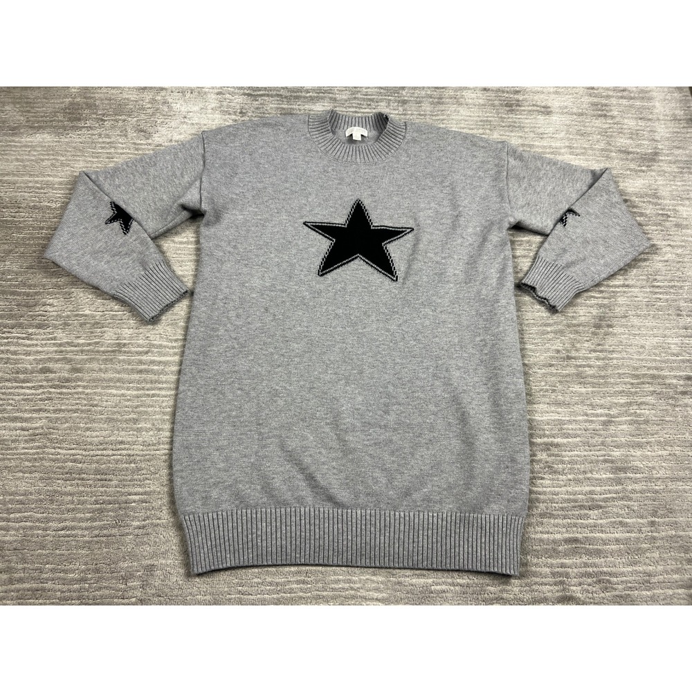 J For Justify Sweater Dress Womens L Gray Black Star Intarsia Crew Neck Tunic